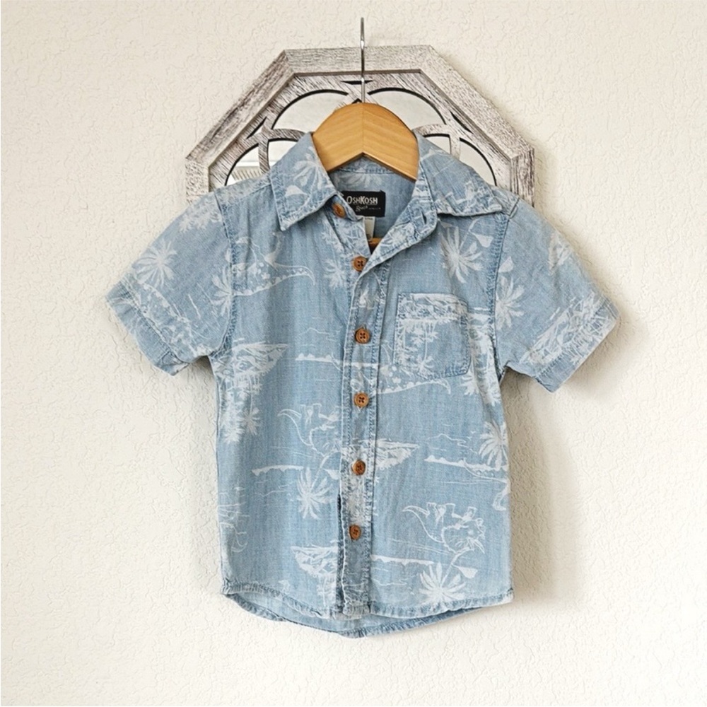 OshKosh B’gosh • Boys 2T Blue Chambray Dinosaur Tropical Button Up Shirt